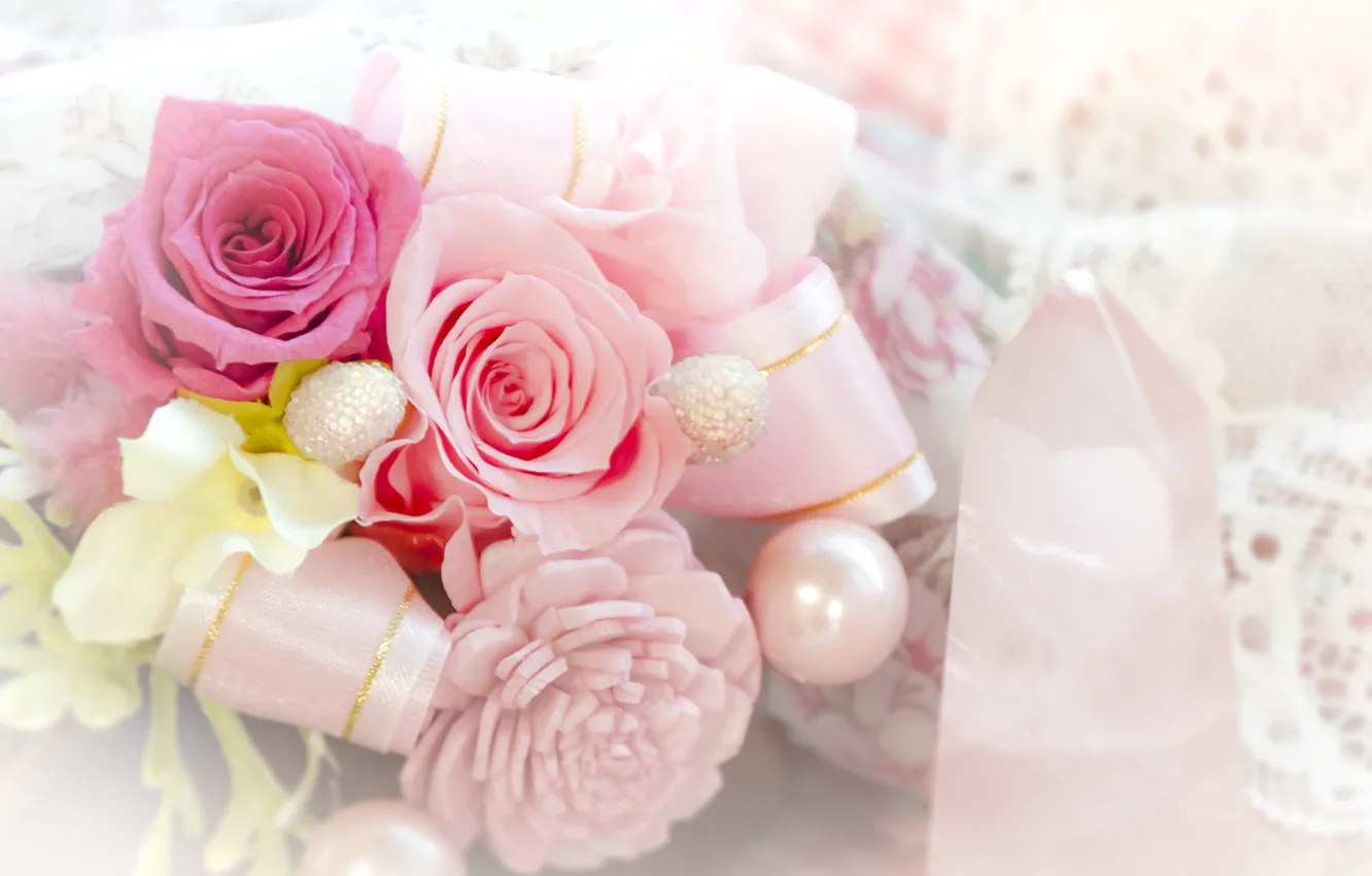 Photo wallpaper flowers, roses, Bouquet, beads