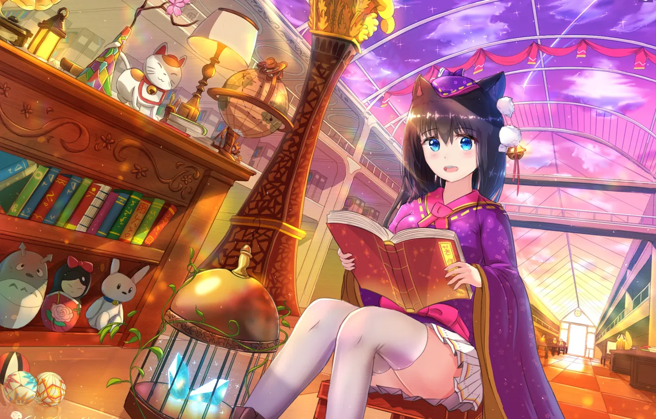 Photo wallpaper toys, books, cell, girl, crystals, wardrobe, library, blue eyes