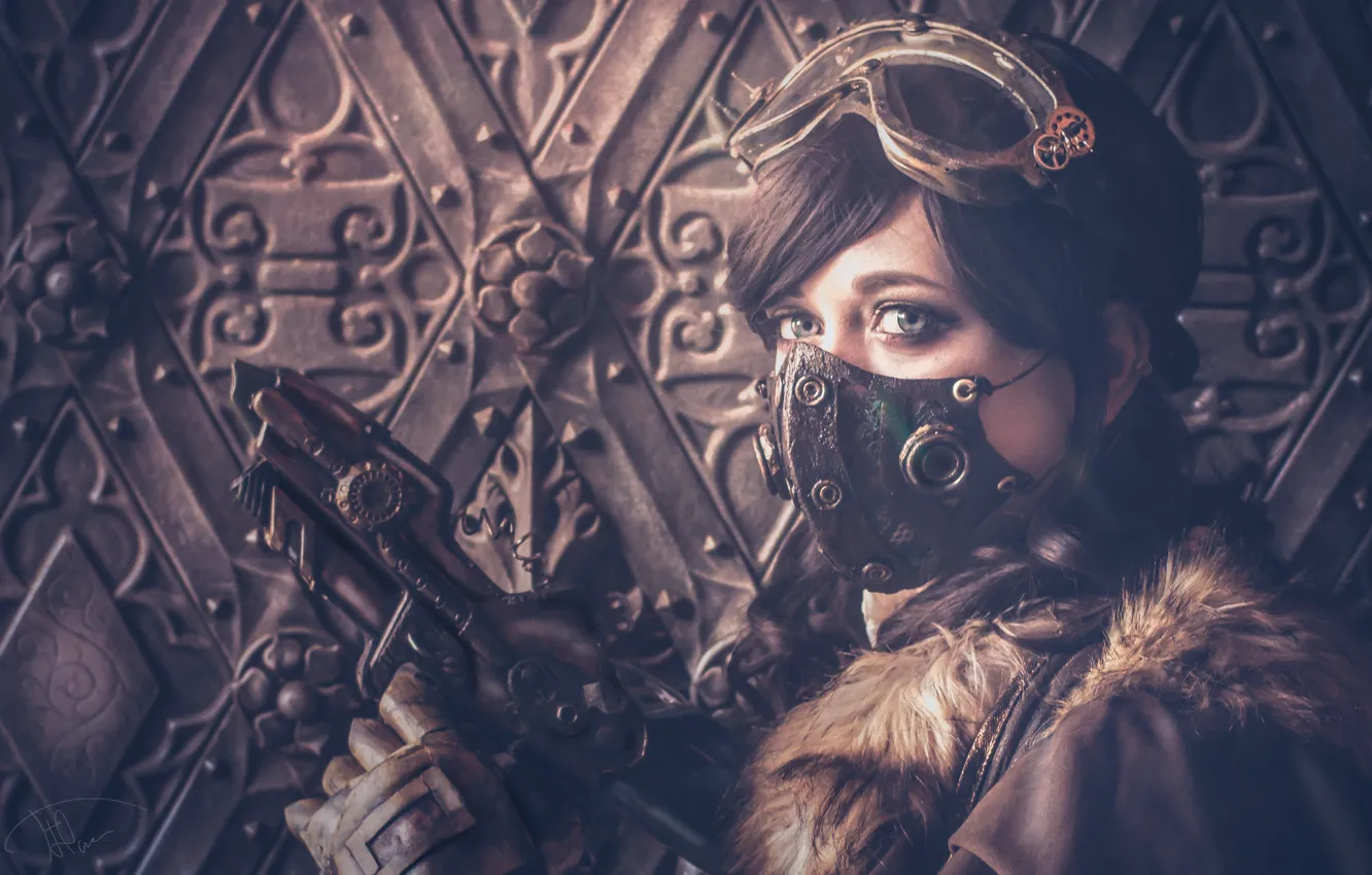 Photo wallpaper girl, style, weapons, mask, glasses, steampunk