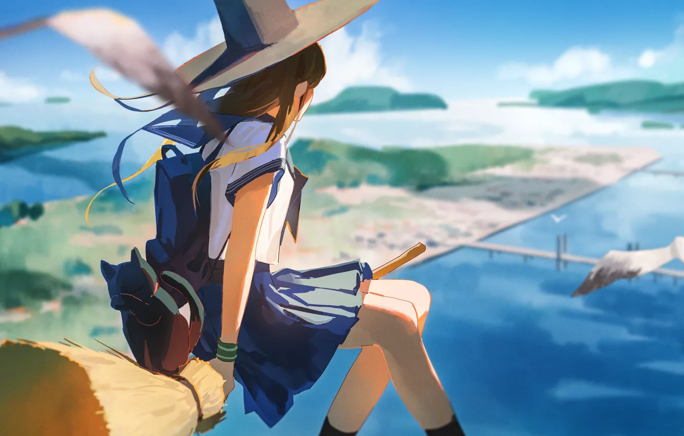 Photo wallpaper cat, girl, nature, seagulls, witch, broom