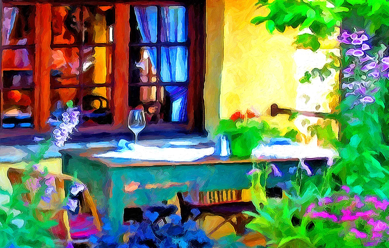 Photo wallpaper line, flowers, table, paint, glass, interior, window, yard