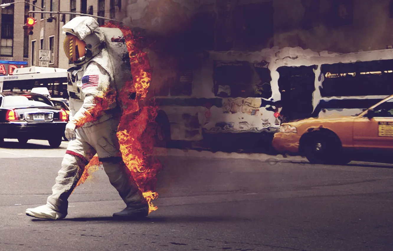 Photo wallpaper machine, the city, fire, street, smoke, the suit, taxi, astronaut