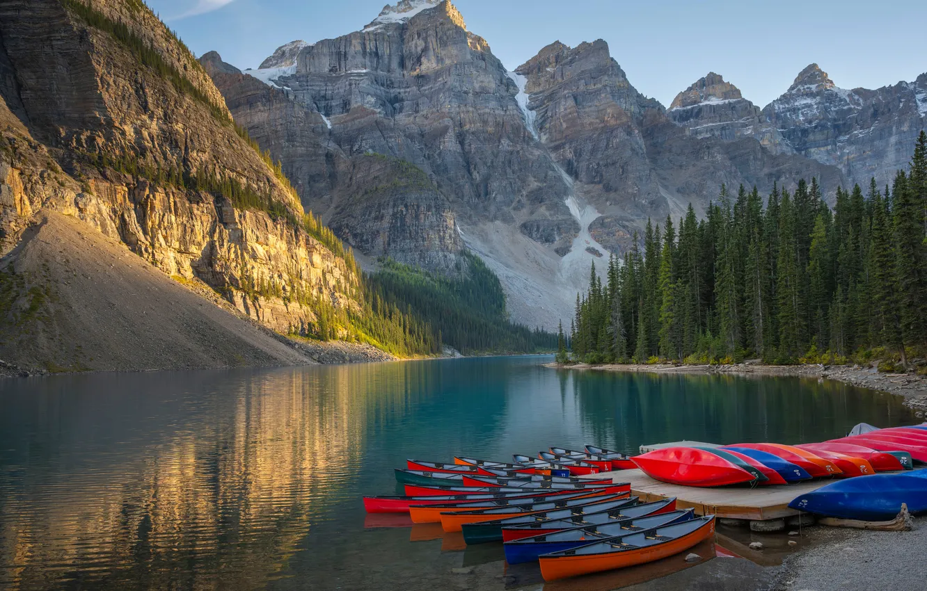 Photo wallpaper landscape, mountains, lake, boat, Canada, parks, Moraine Lake