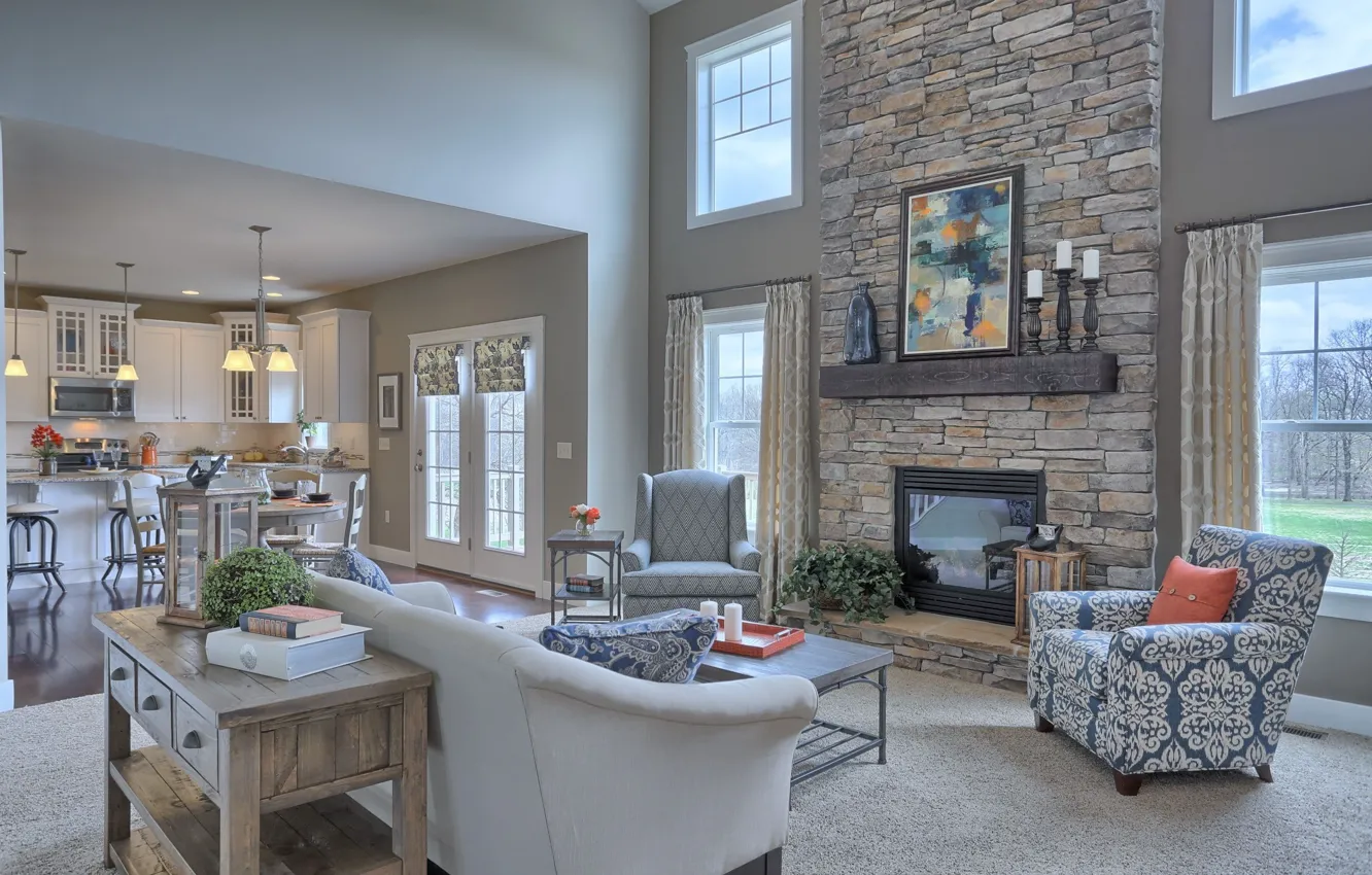 Photo wallpaper Villa, interior, fireplace, living space, ranch