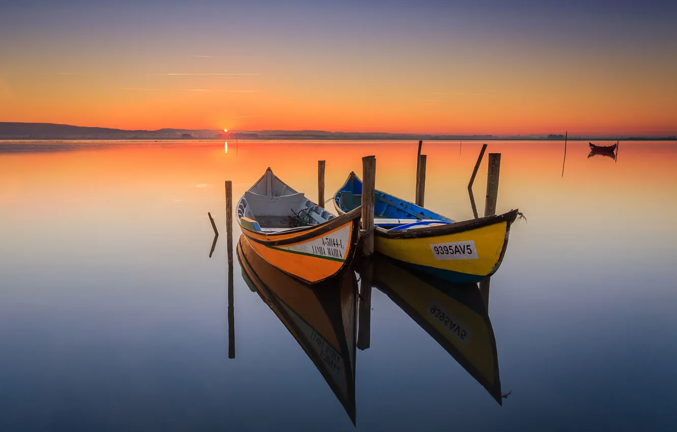 Photo wallpaper lake, reflection, mirror, sunrise, Canoeing, orange sky