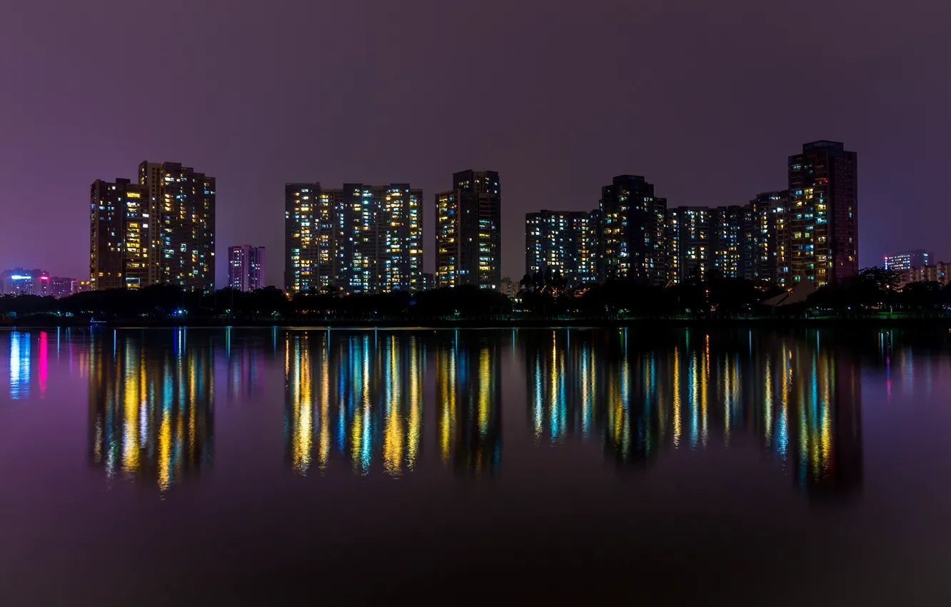 Photo wallpaper water, night, the city, lights, reflection, home, China, promenade