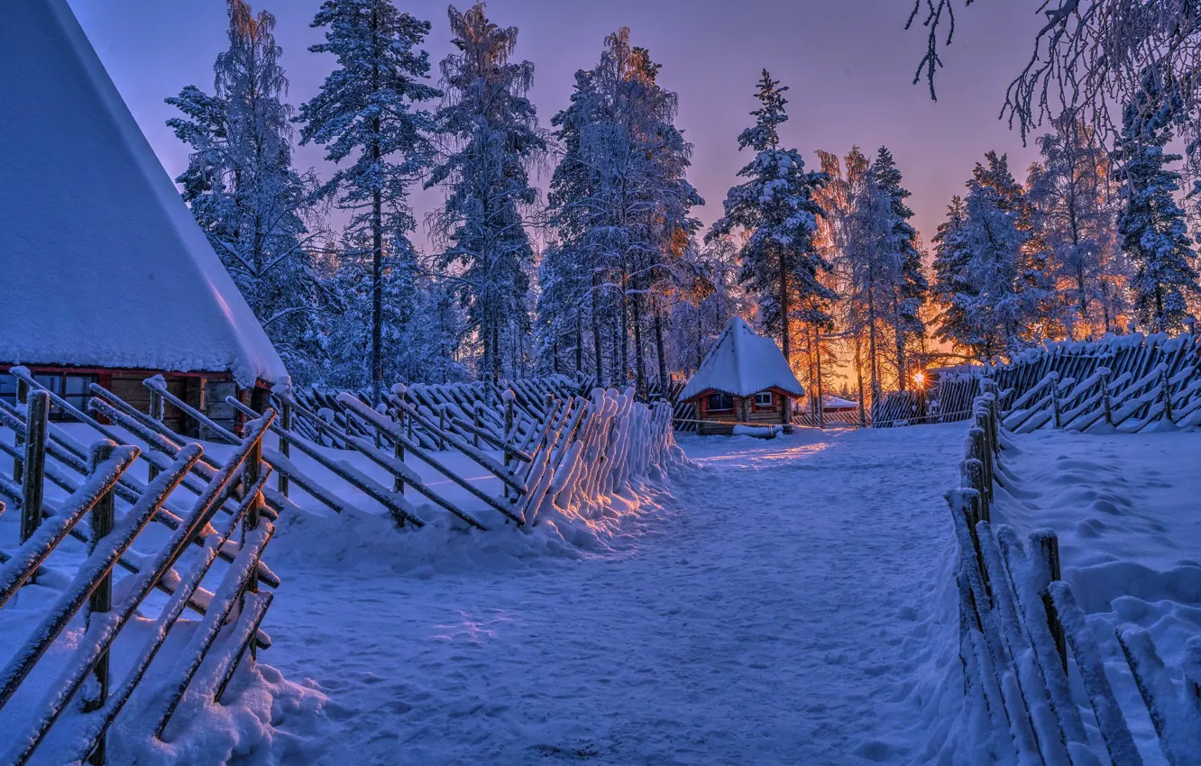 Photo wallpaper winter, snow, trees, sunset, the fence, hut, Finland, Finland