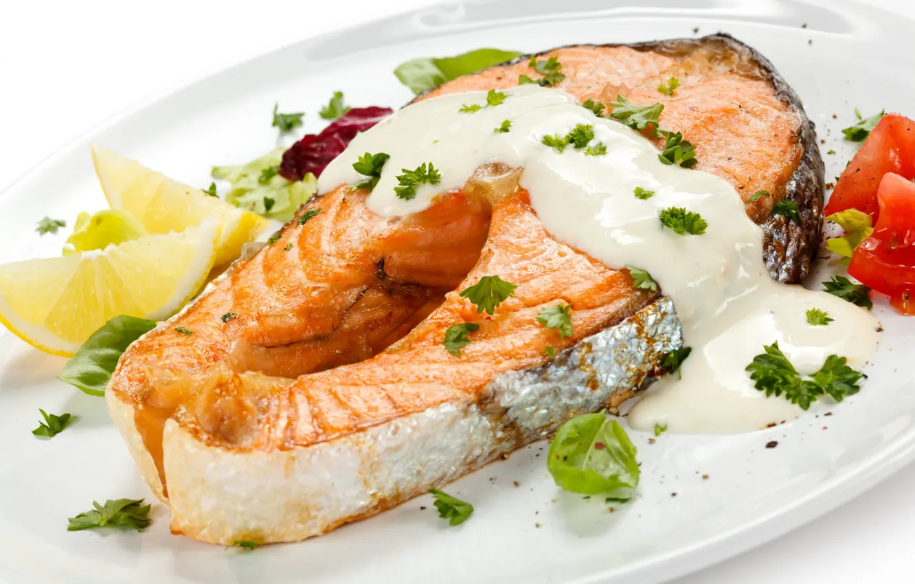 Photo wallpaper lemon, sauce, salmon