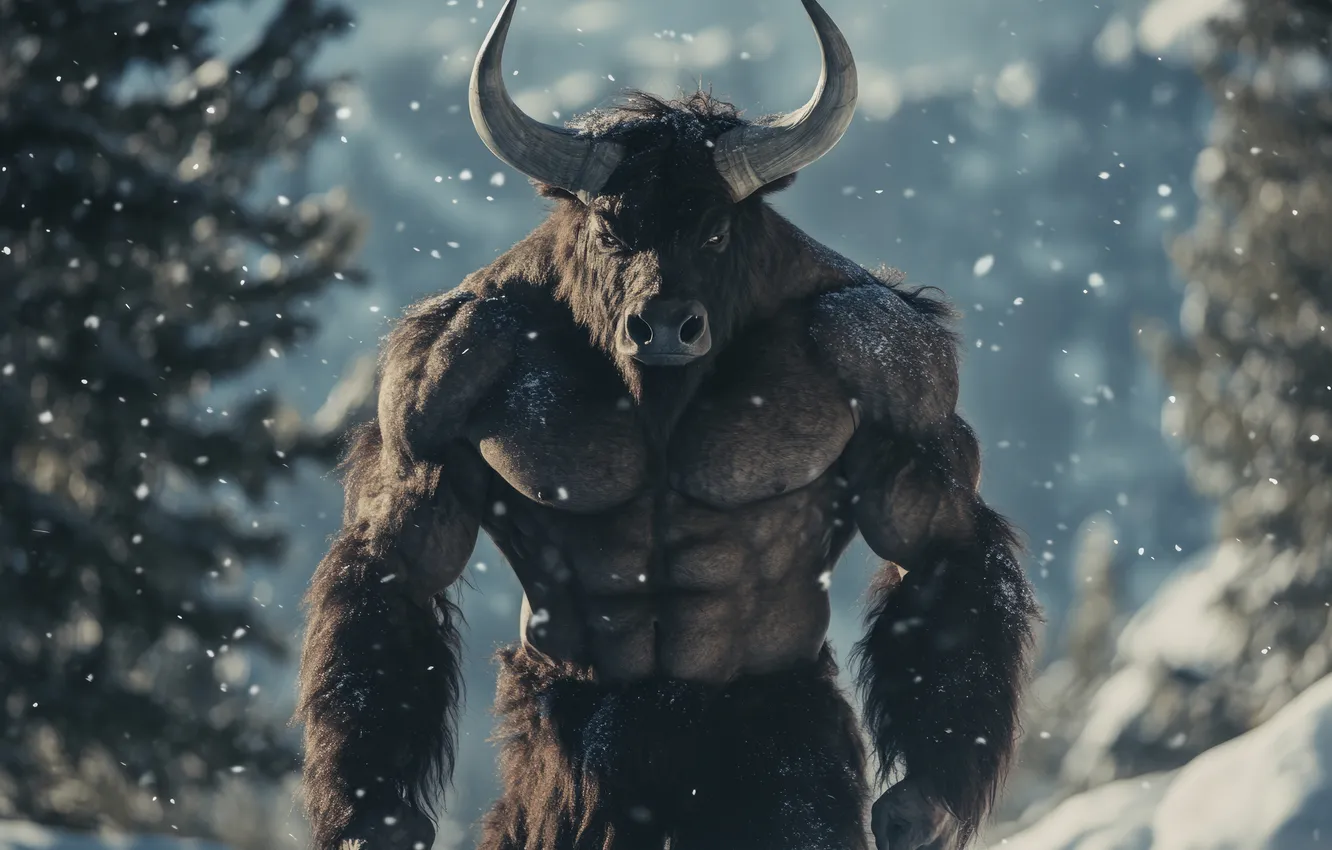 Photo wallpaper winter, look, snow, trees, horns, monster, the Minotaur, digital art