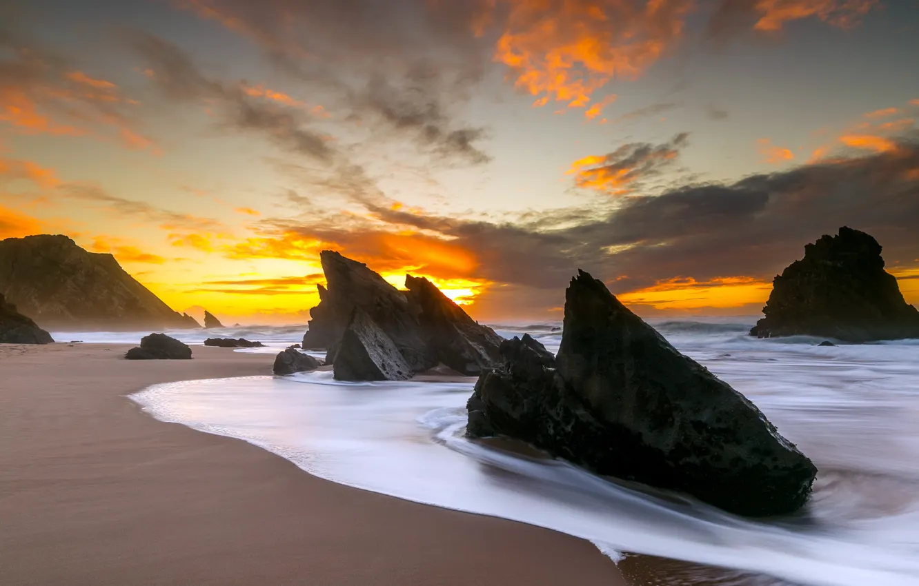 Photo wallpaper sea, sunset, rocks, shore