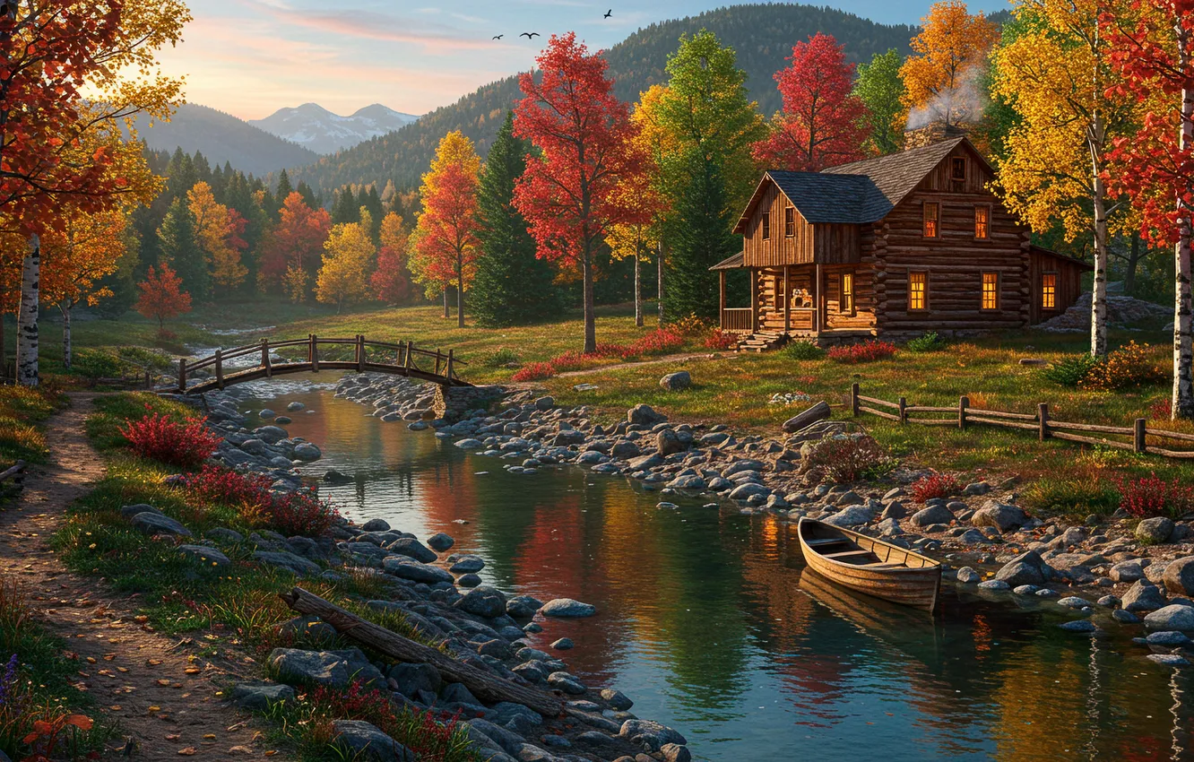 Photo wallpaper autumn, the sky, mountains, boat, home, art, wallpaper, house