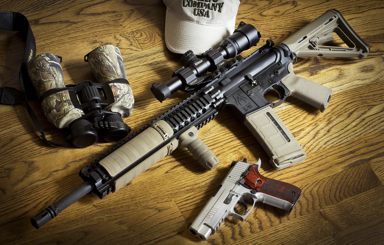 Photo wallpaper gun, weapons, binoculars, AR-15, BCM, assault rifle, Sig P226