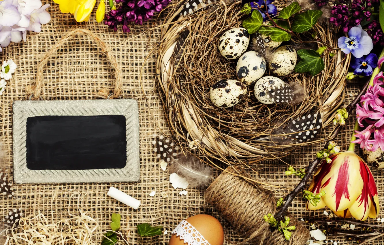 Photo wallpaper flowers, background, eggs, spring, colorful, Easter, burlap, flowers