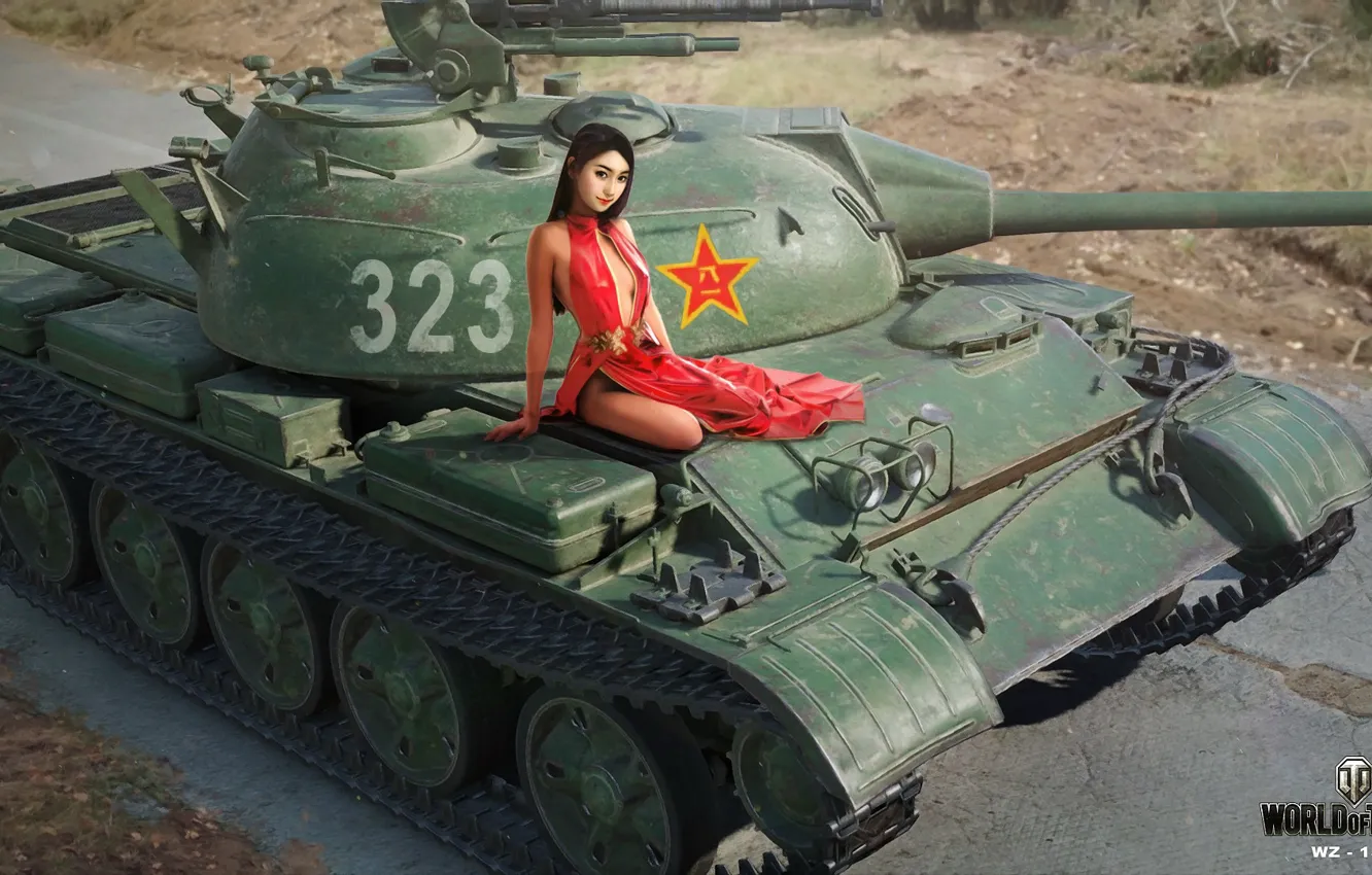 Photo wallpaper road, girl, figure, dress, art, tank, Asian, in red