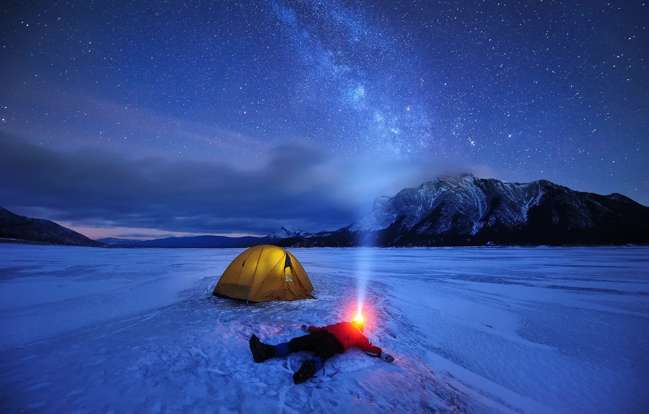 Photo wallpaper ice, winter, the sky, stars, light, snow, mountains, night