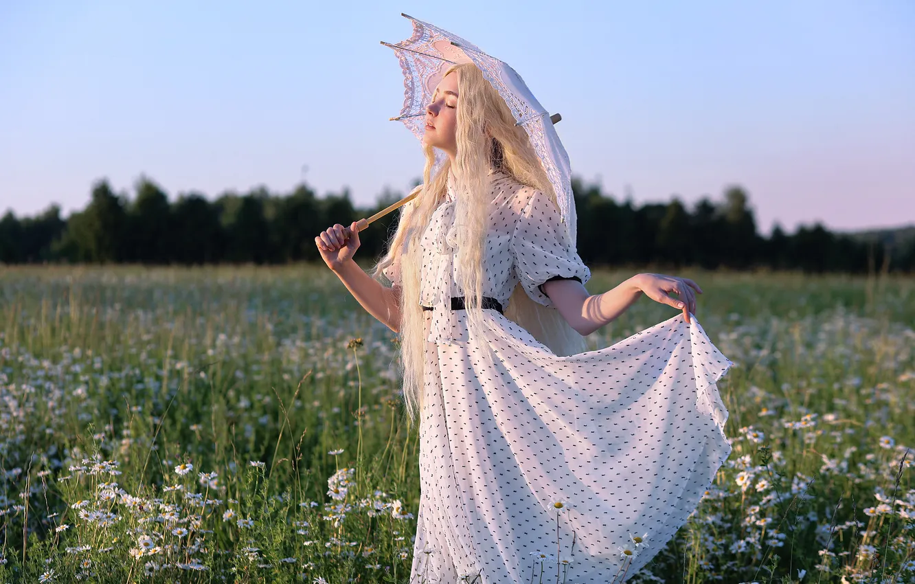 Photo wallpaper girl, nature, style, umbrella, white dress, Albina Khusainova