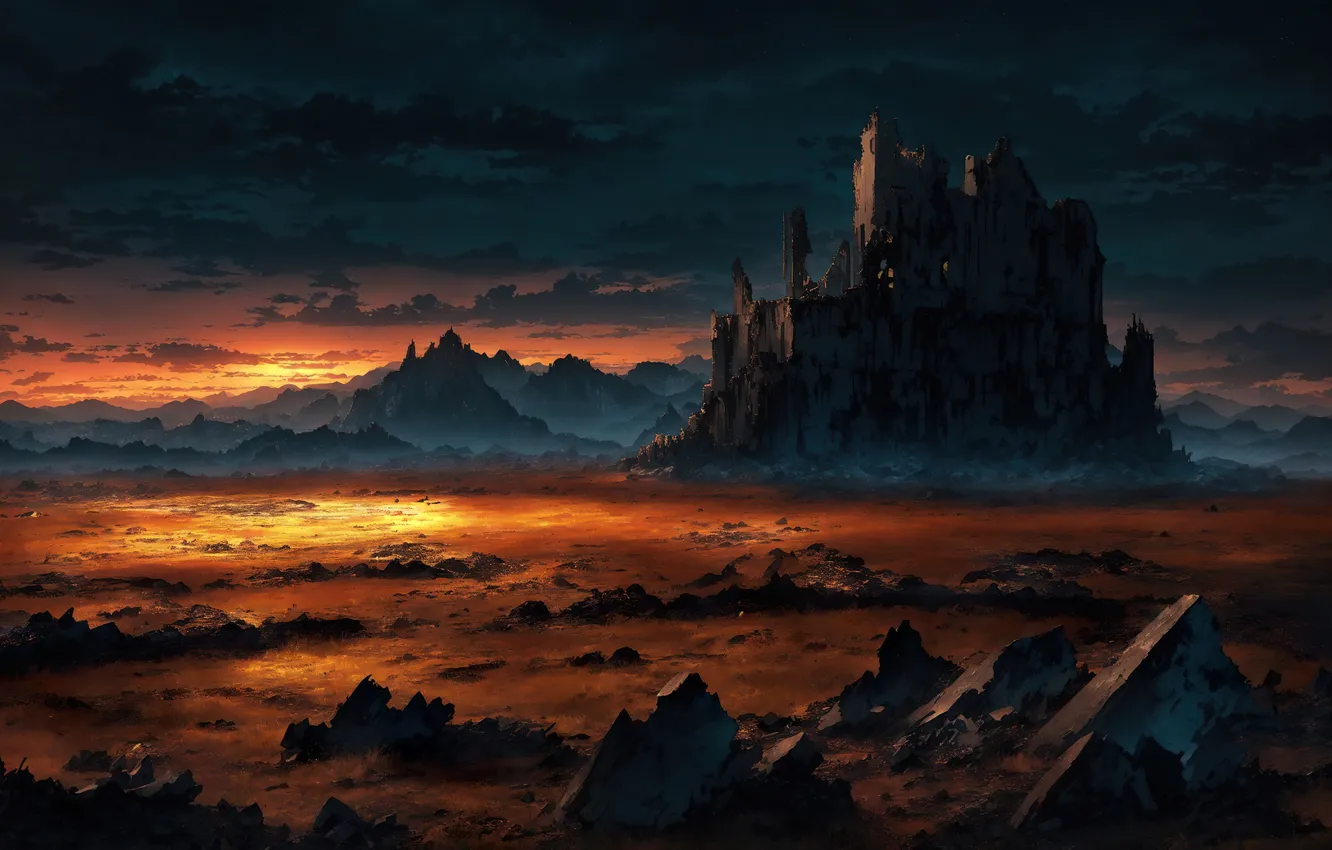 Photo wallpaper landscape, sunset, art, night sky, painting, ruins, digital art, mounts