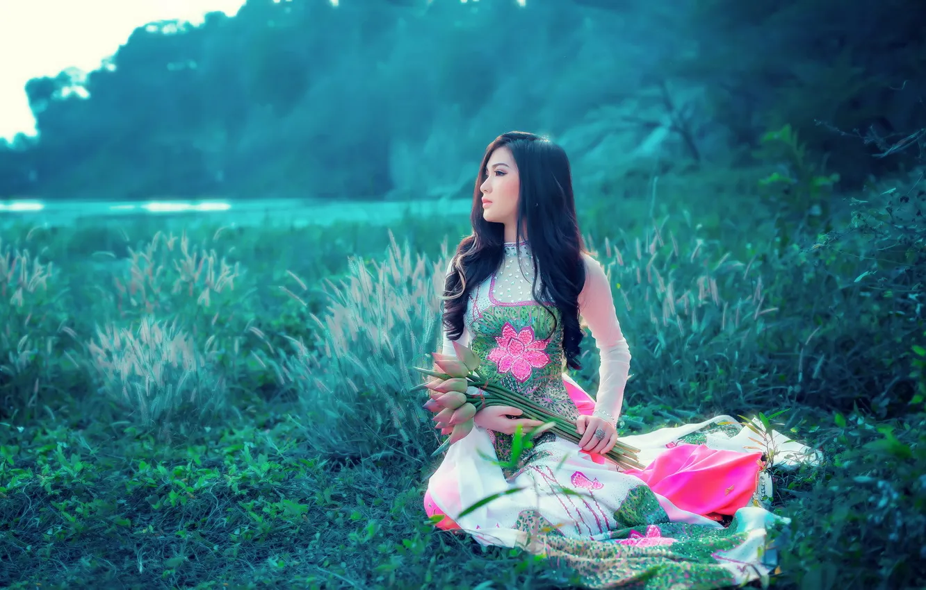 Photo wallpaper girl, flowers, Asian