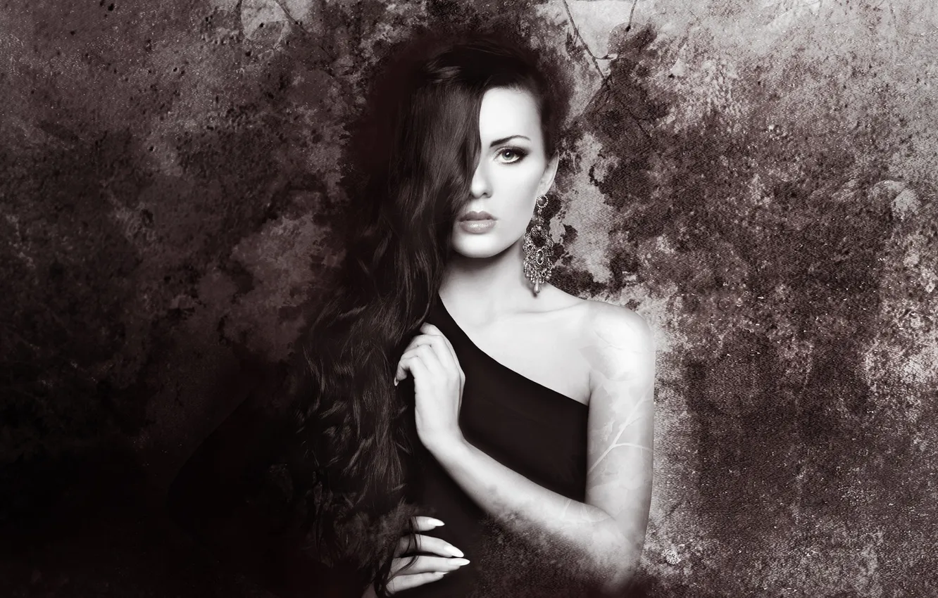 Photo wallpaper look, girl, decoration, face, background, earrings, hands, makeup