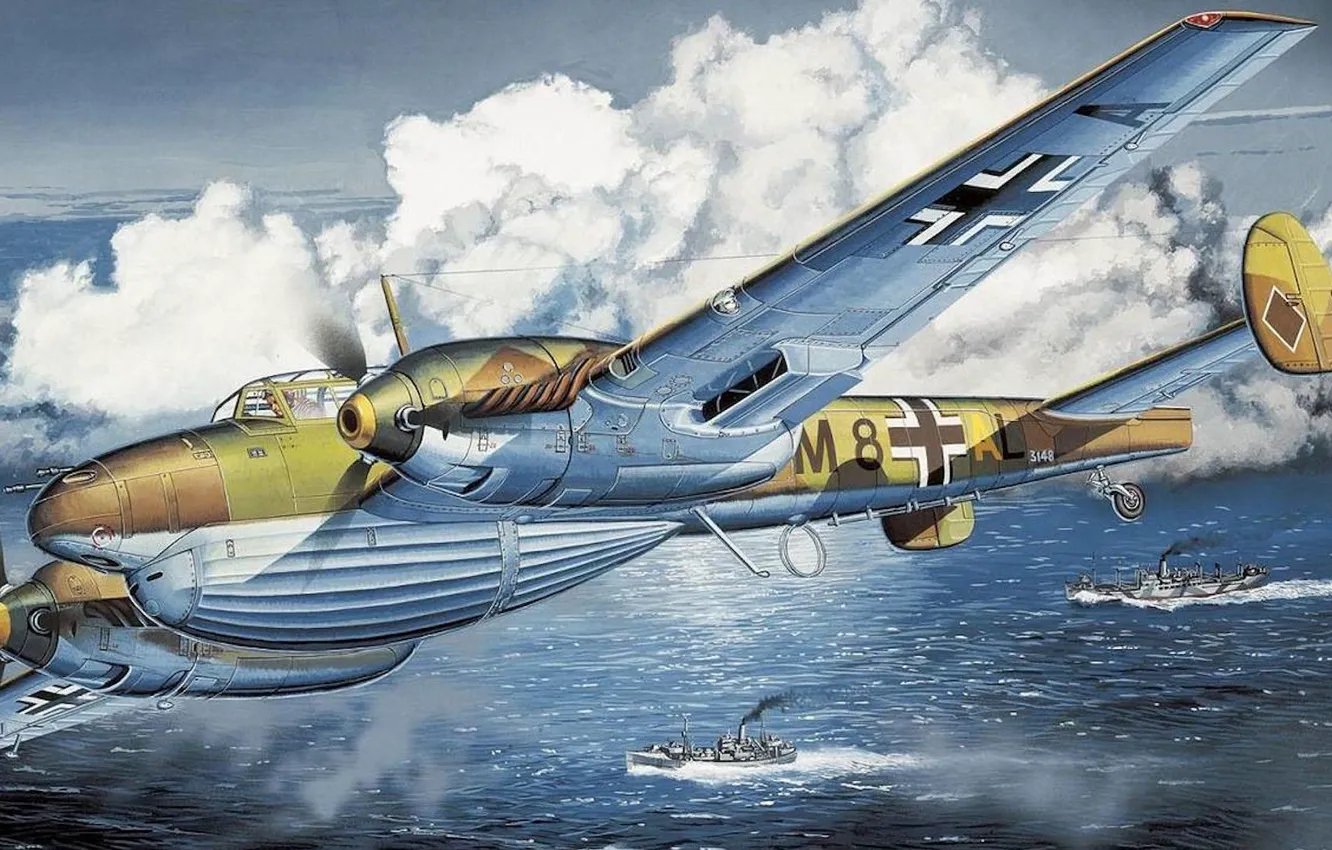 Photo wallpaper sea, war, figure, ship, art, Luftwaffe, Messerschmitt, Destroyer