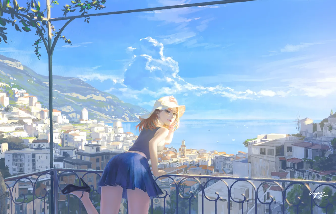 Photo wallpaper sea, girl, the city, ship, balcony