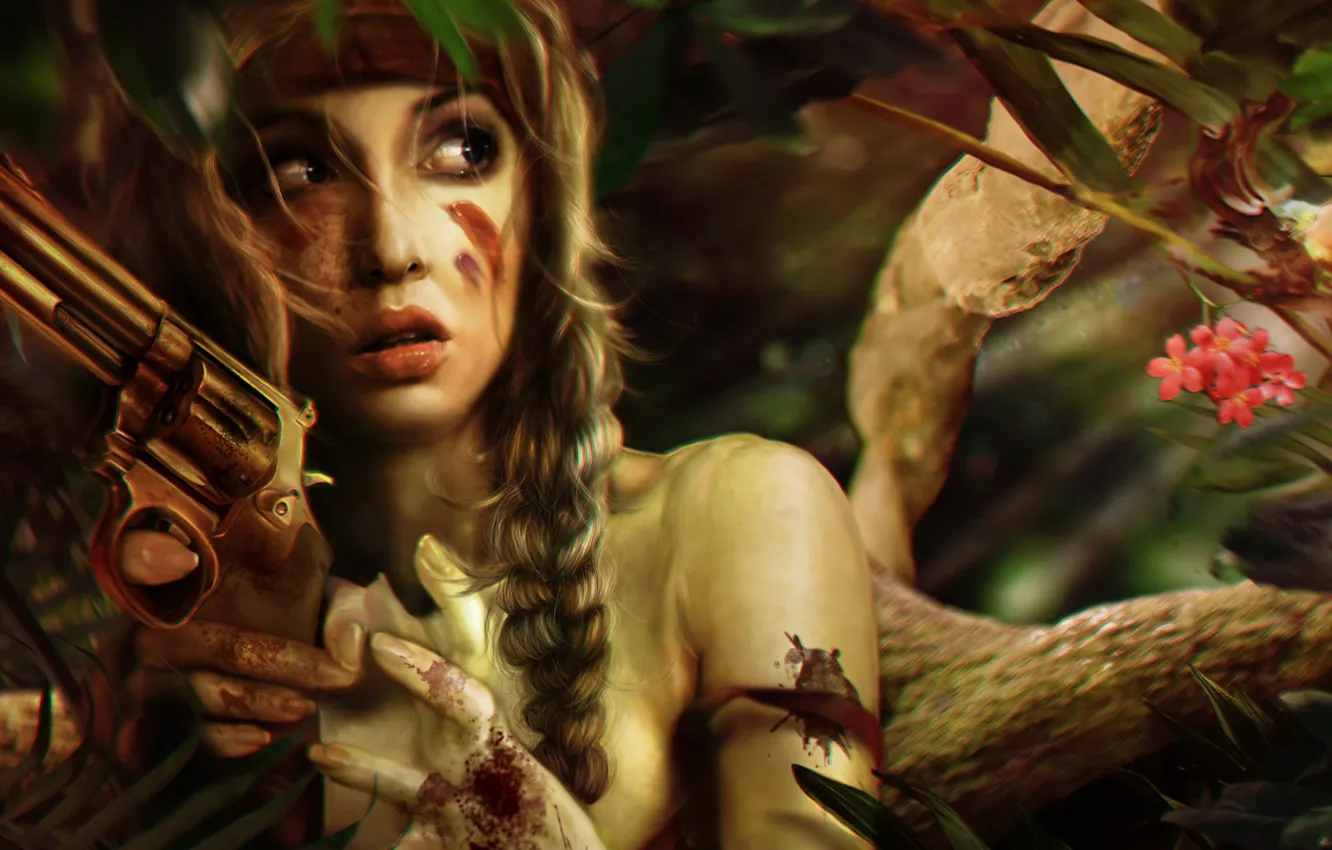 Photo wallpaper girl, trees, face, weapons, fear, fiction, blood, hair