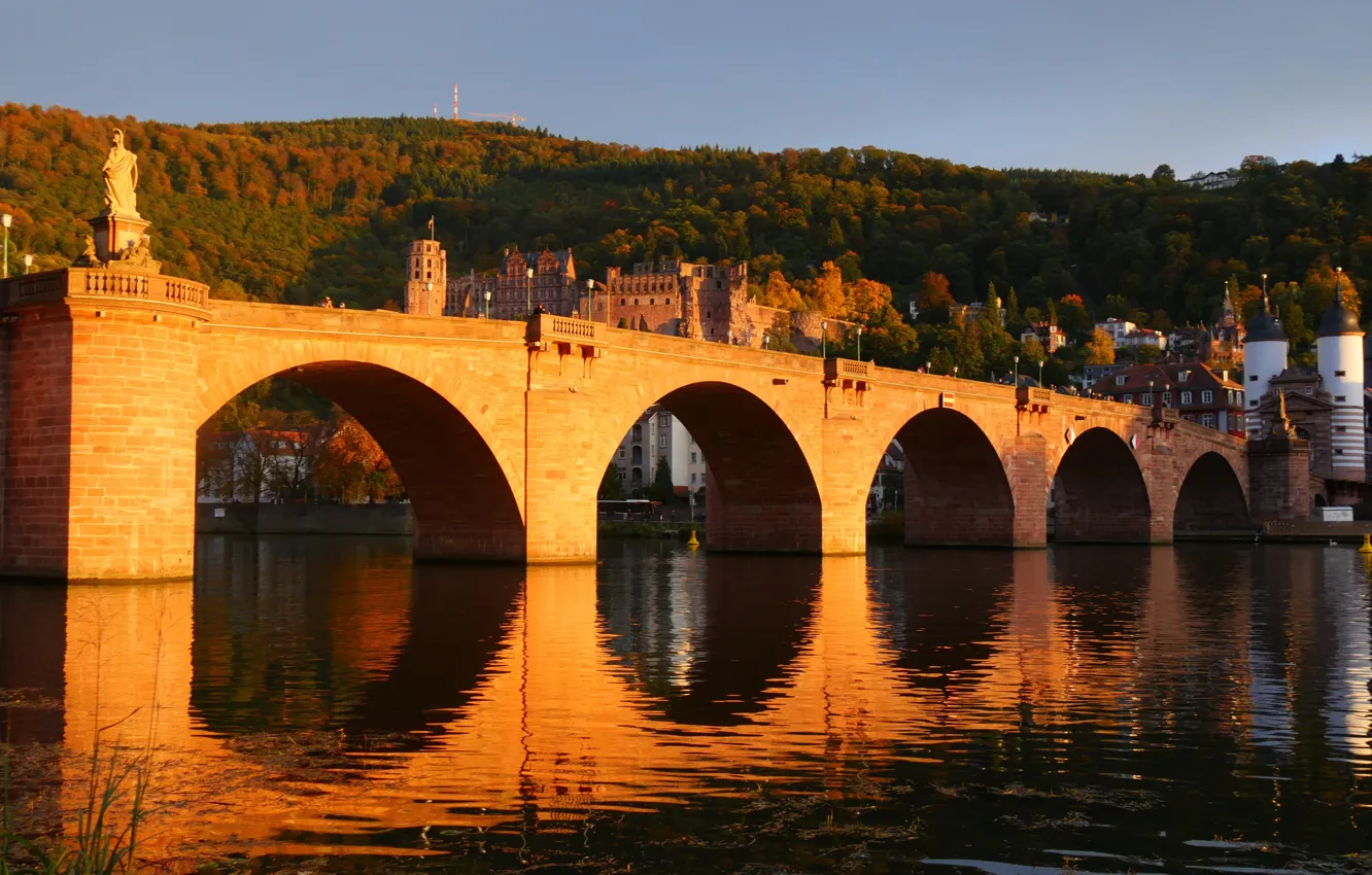 Photo wallpaper water, sunset, bridge, the city, reflection, hills, Germany, Germany