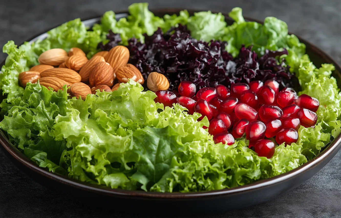 Photo wallpaper plate, nuts, almonds, salad, pomegranate grains, AI art, neural network