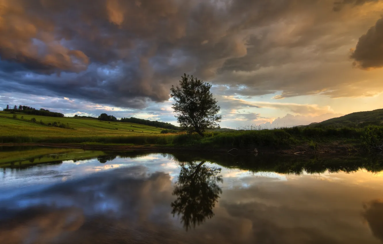Photo wallpaper the sky, clouds, trees, river, Canada, QC