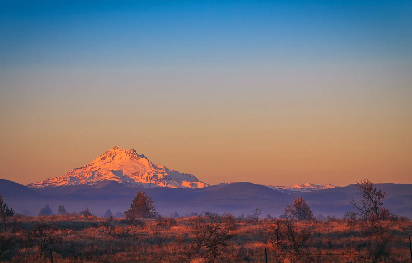 Photo wallpaper the sky, snow, trees, sunset, mountains, horizon