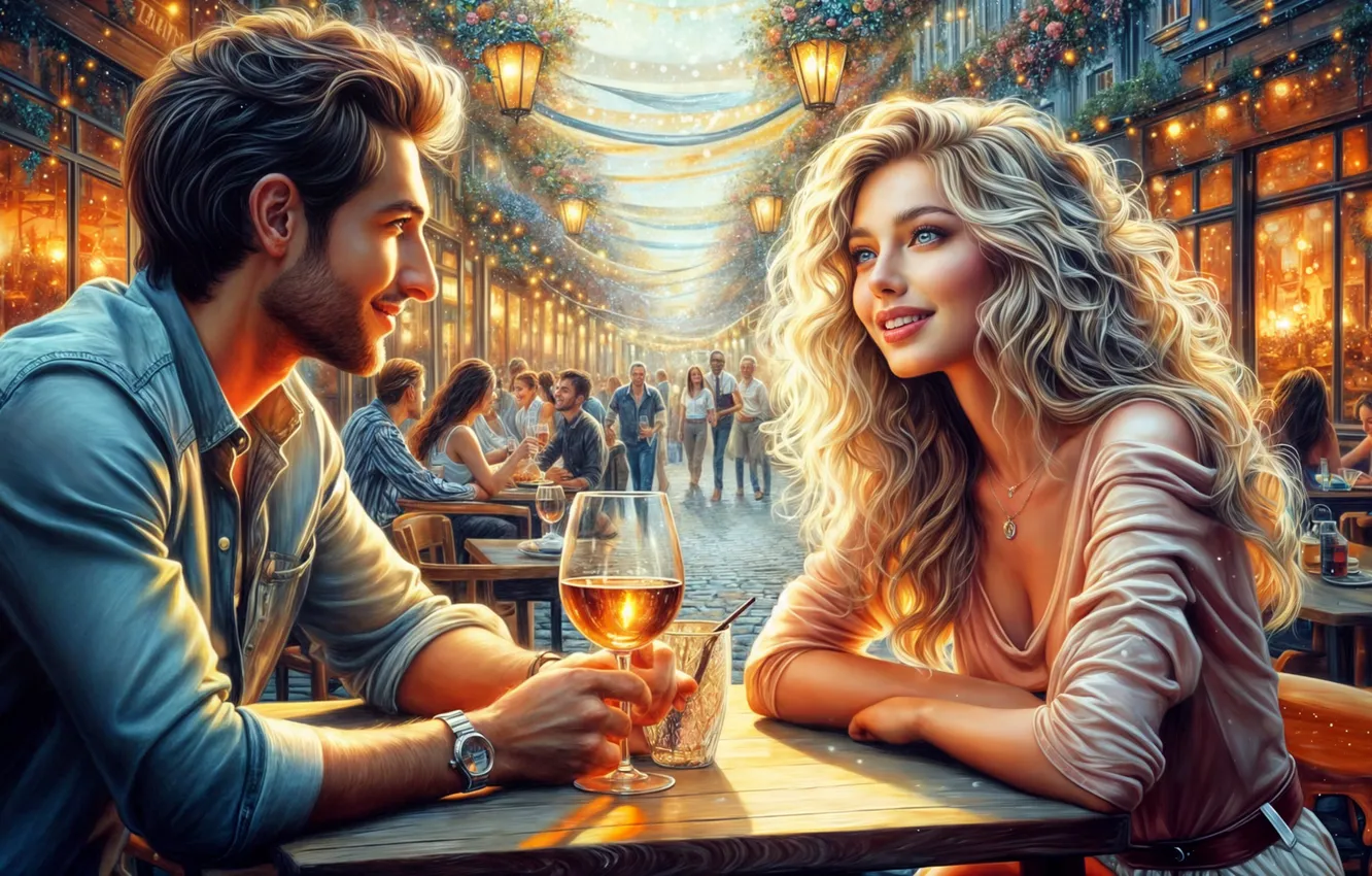 Photo wallpaper girl, light, love, the city, people, wine, street, glass