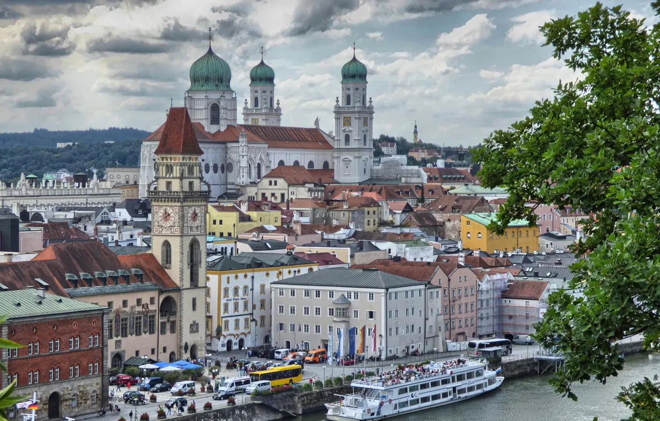 Photo wallpaper the sky, river, ship, tower, home, Germany, Bayern, Passau