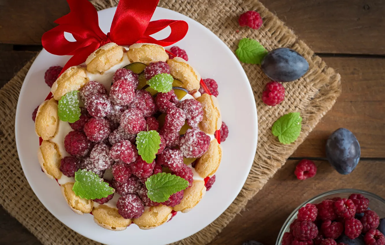 Photo wallpaper raspberry, plate, pie
