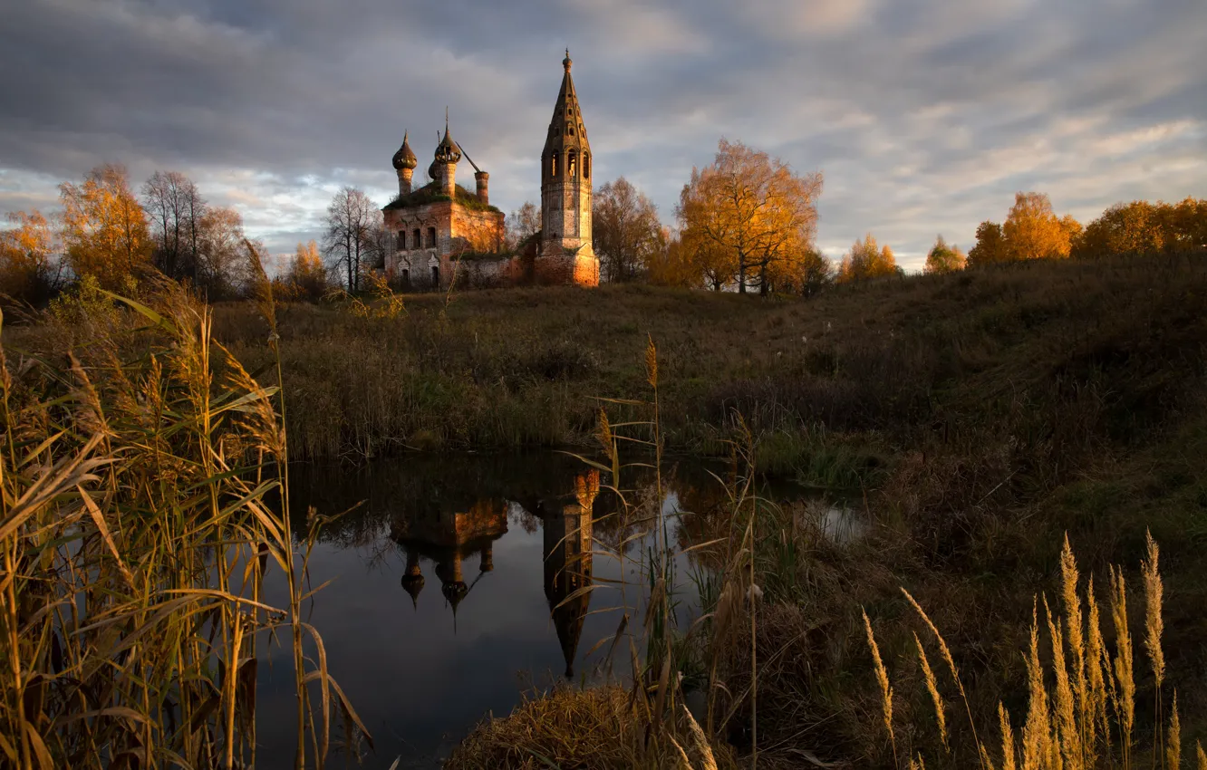 Photo wallpaper autumn, grass, water, landscape, nature, reflection, Church