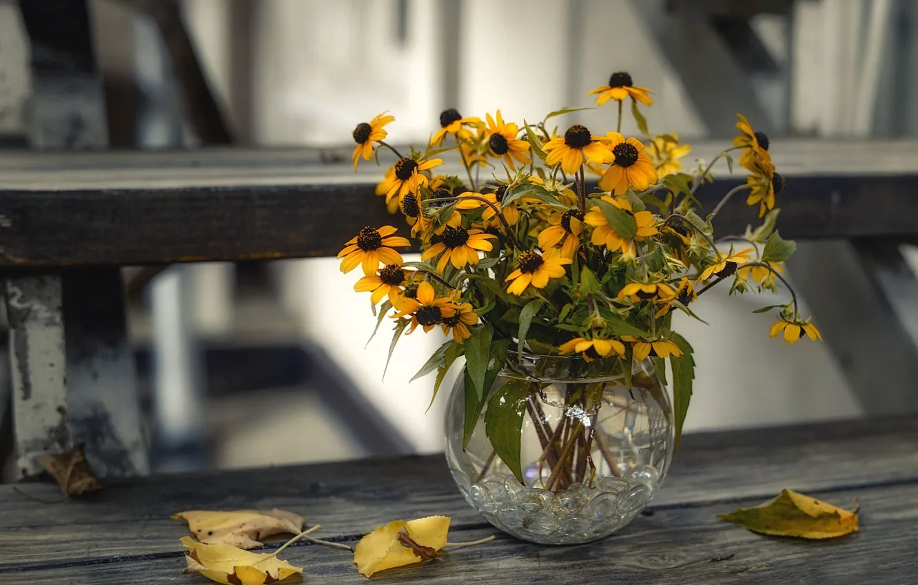 Photo wallpaper autumn, flowers, yellow, Board, bouquet, garden, vase, still life