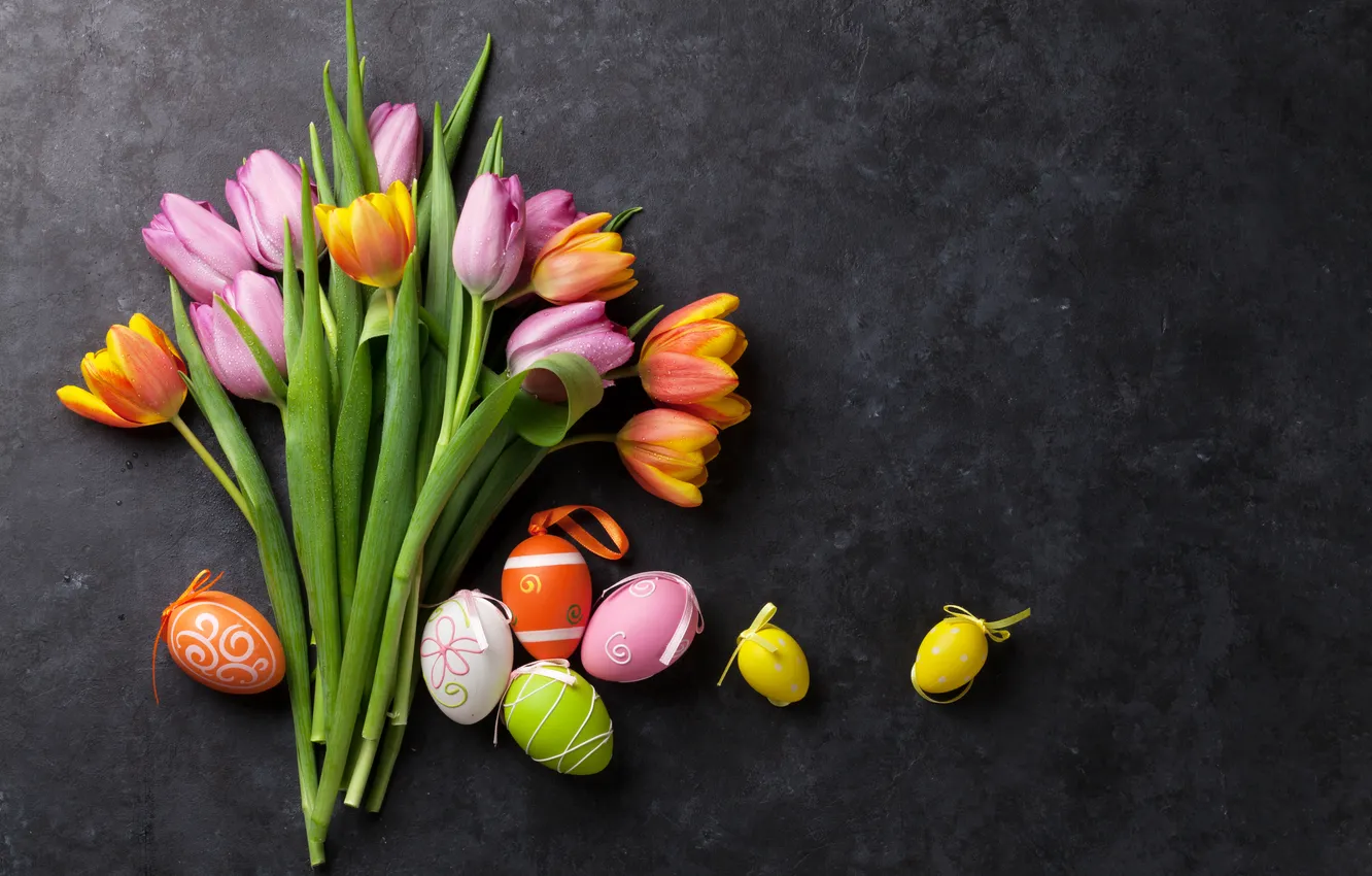 Photo wallpaper flowers, eggs, bouquet, spring, colorful, Easter, tulips, happy