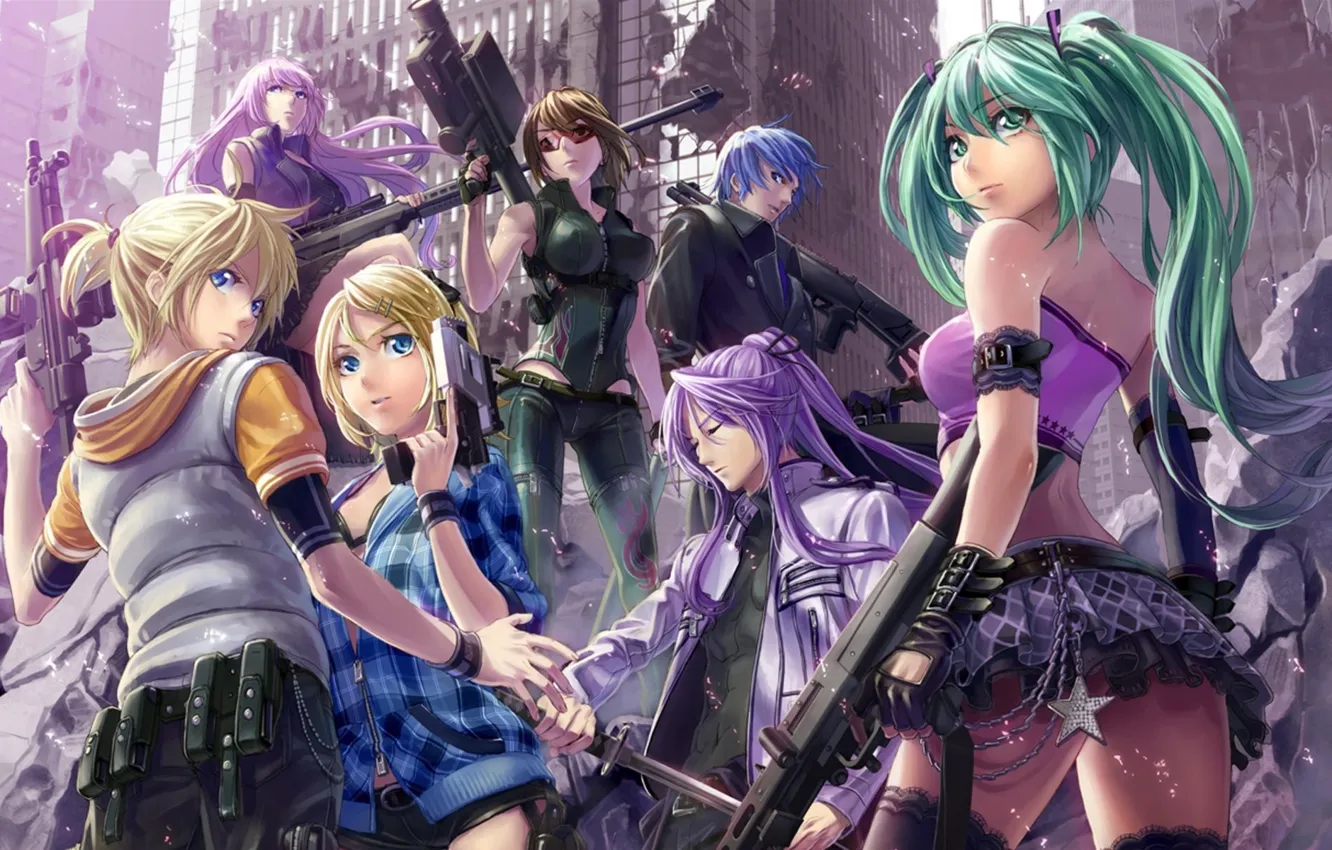 Photo wallpaper the city, weapons, sword, machine, vocaloid, hatsune miku, megurine luka, kagamine rin