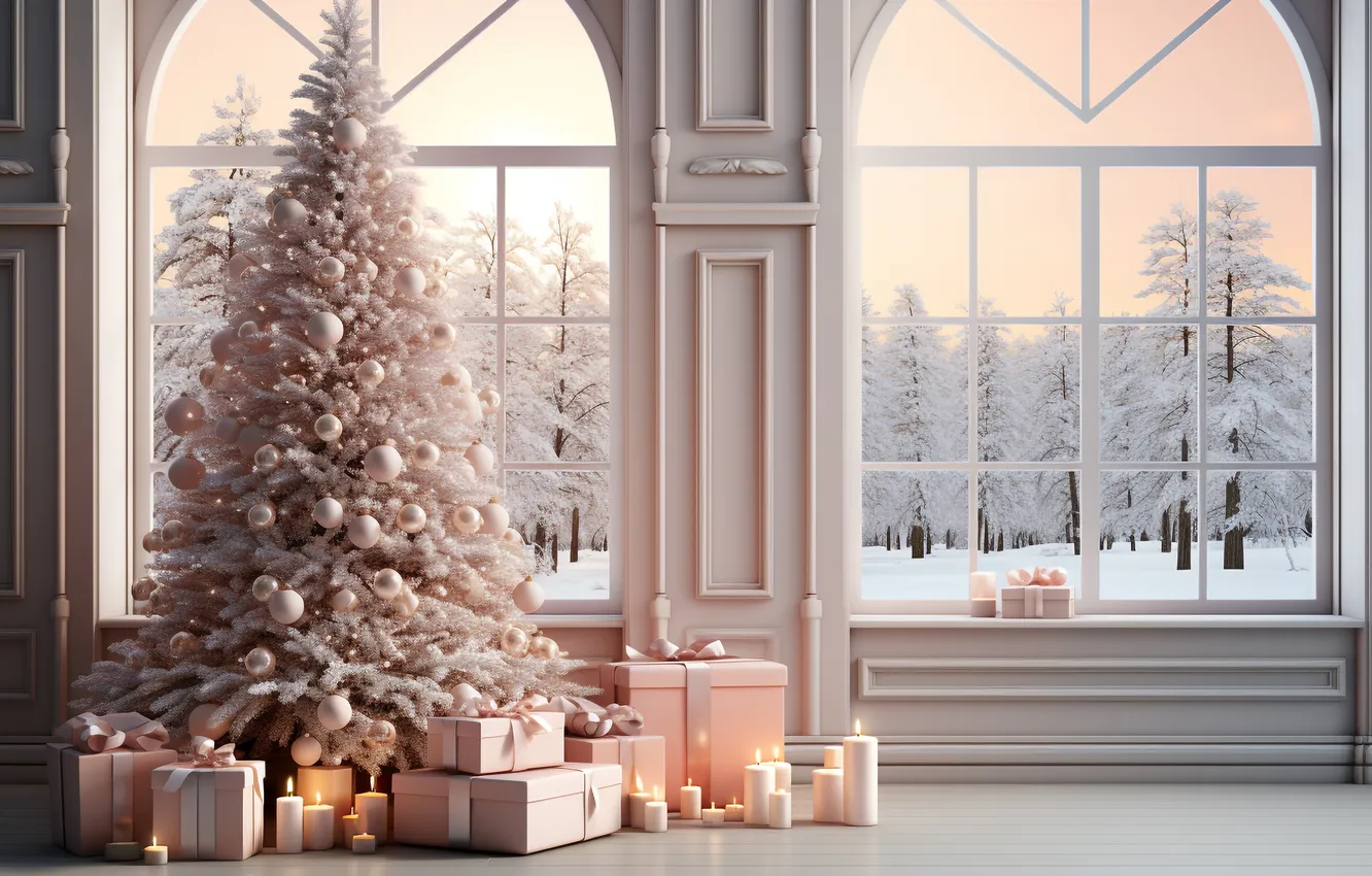 Photo wallpaper winter, snow, decoration, room, tree, interior, Christmas, New year