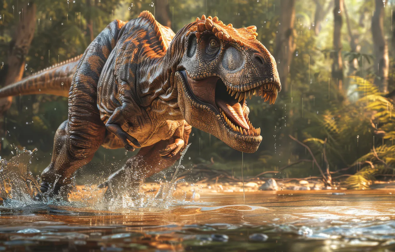 Photo wallpaper water, trees, squirt, animal, dawn, dinosaur, predator, teeth