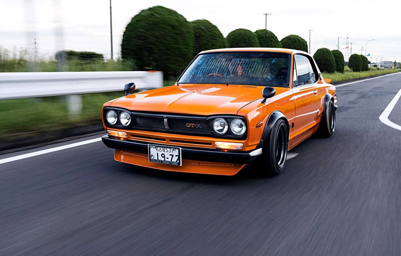 Photo wallpaper machine, auto, orange, movement, Nissan, car, 2000, skyline