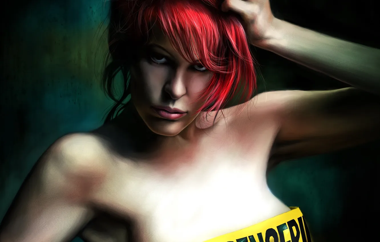 Photo wallpaper girl, hands, art, tape, red