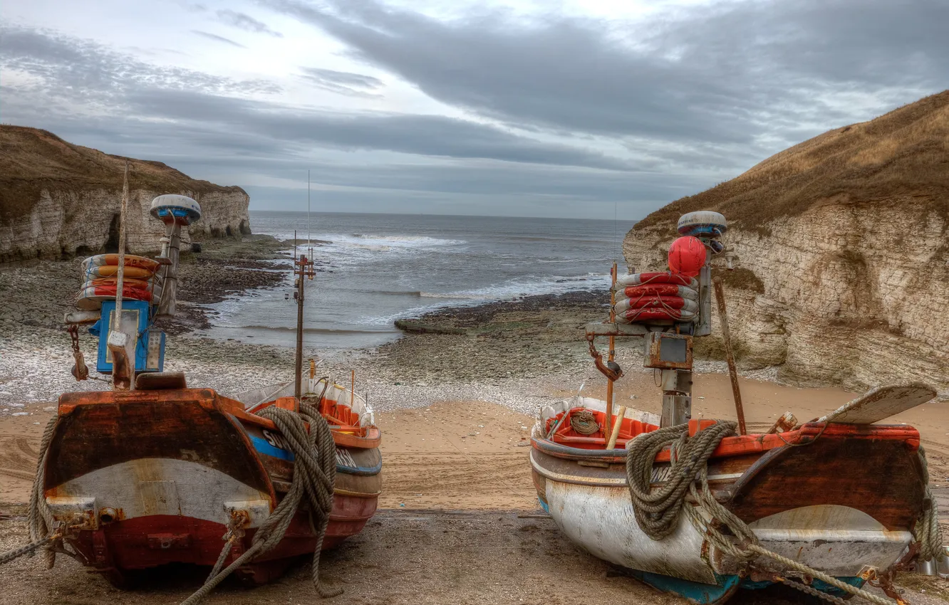 Photo wallpaper sea, the sky, clouds, rocks, boat, Bay