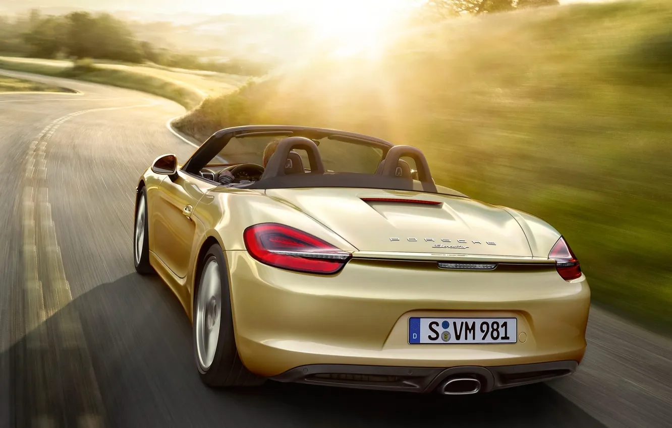 Photo wallpaper road, the sun, Porsche, sports car, Porsche, Golden, rear view, Boxster