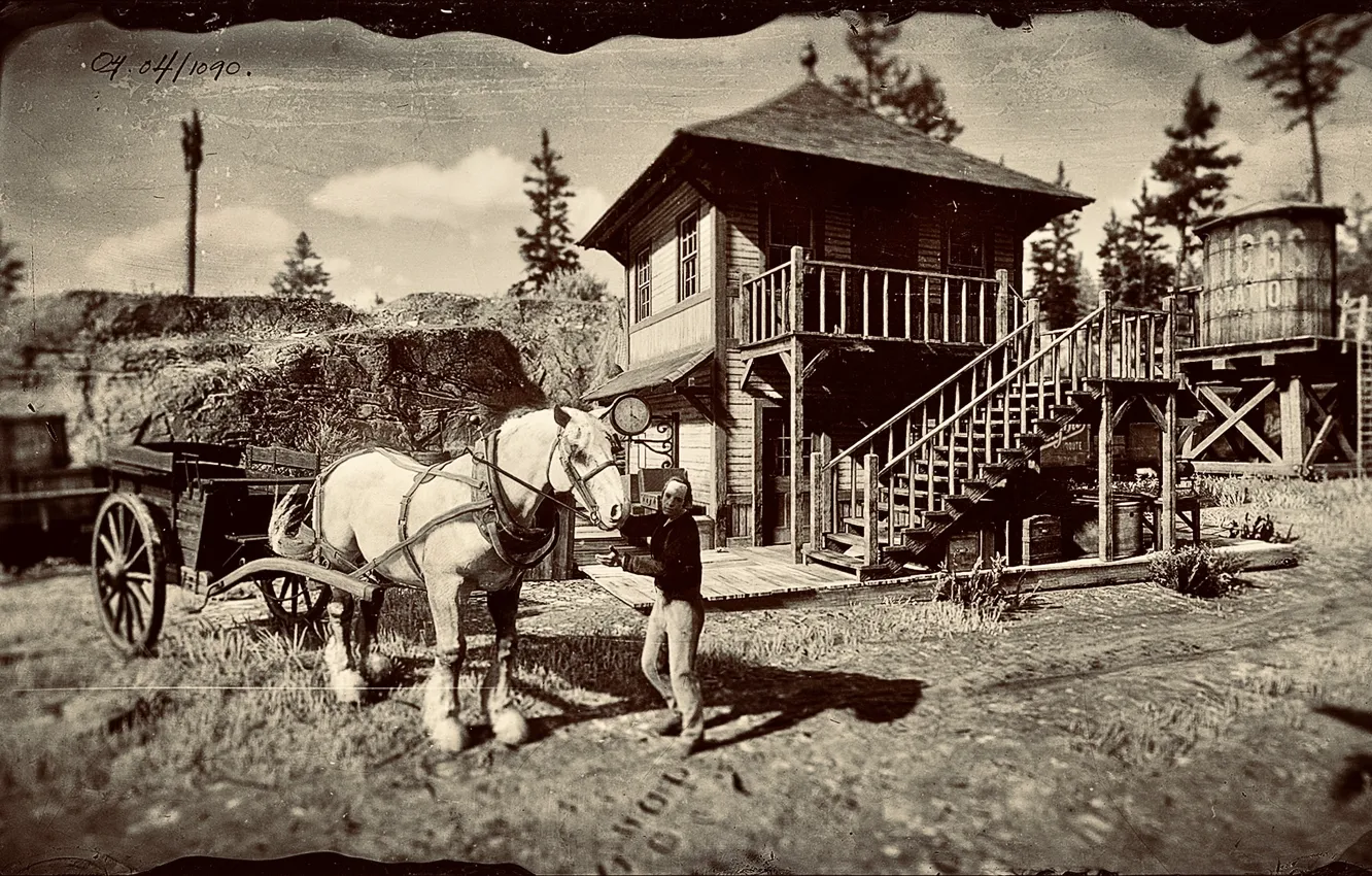 Photo wallpaper HDR, game, trees, man, horse, UHD, Post, Red Dead Redemption 2