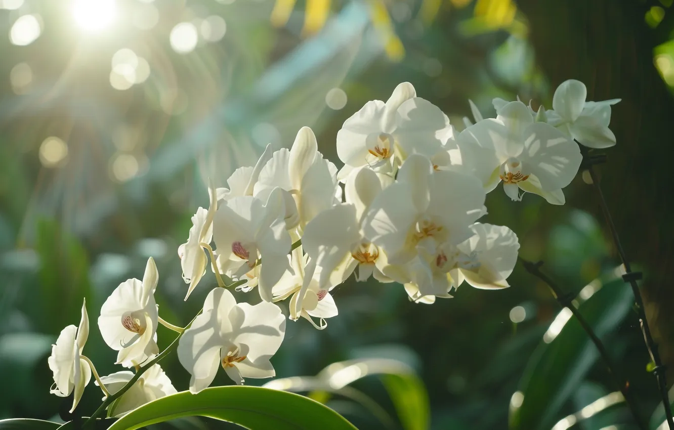 Photo wallpaper leaves, light, flowers, branches, nature, white, Orchid, bokeh