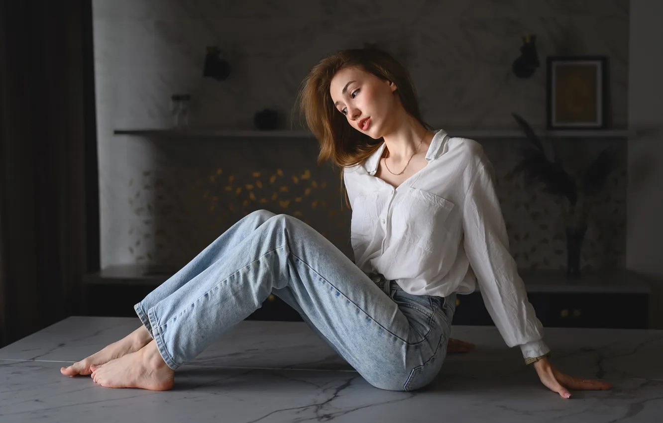 Photo wallpaper girl, barefoot, model, jeans, brunette, sitting, feet, white shirt