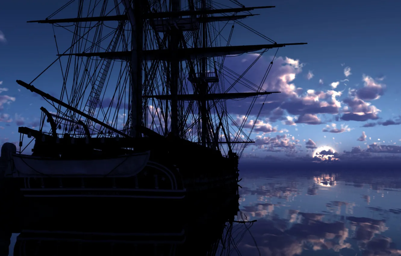 Photo wallpaper WATER, SHIP, ROPES, The SKY, CLOUDS, REFLECTION, MAST, SURFACE