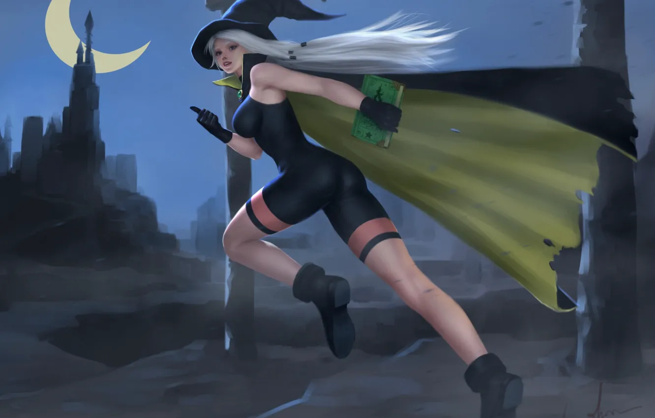 Photo wallpaper ass, chest, girl, night, the moon, feet, hat, book