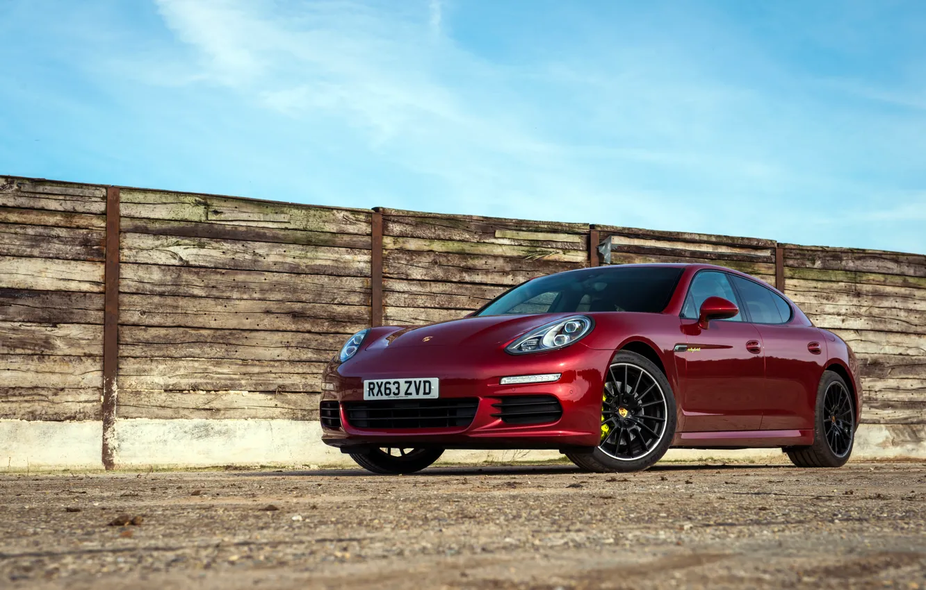 Photo wallpaper the sky, wall, the fence, Porsche, Panamera, E-Hybrid, red sports car