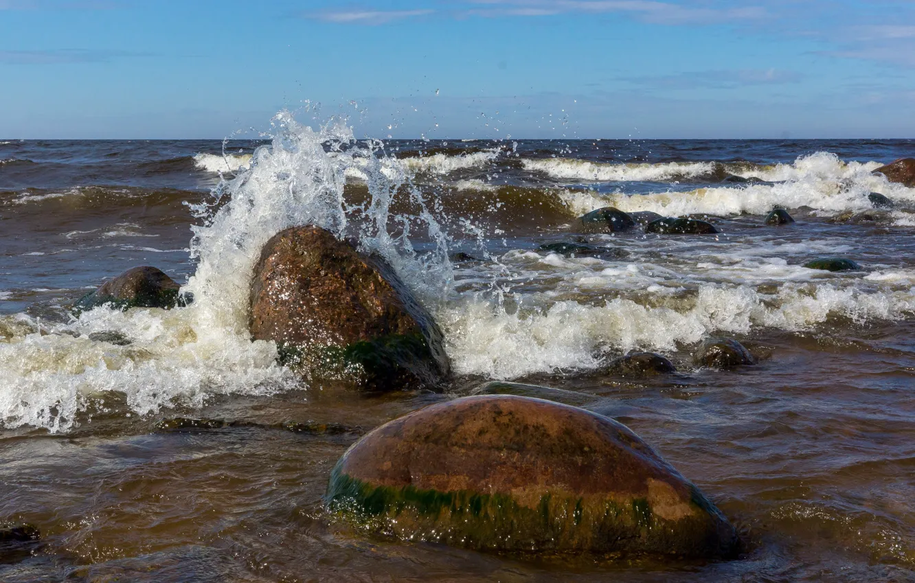 Photo wallpaper squirt, lake, stones, wave, Surf, Ladoga
